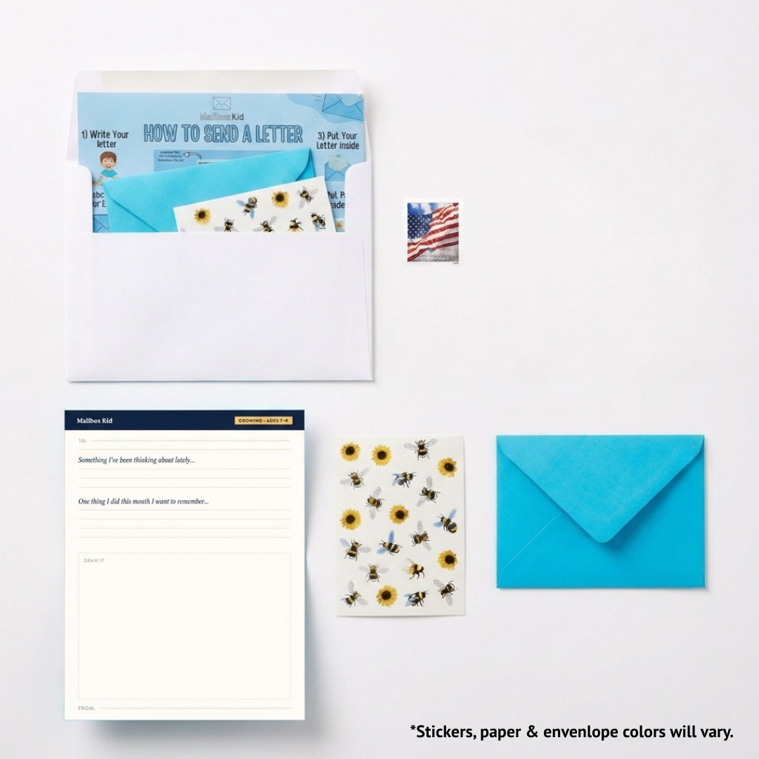 Stationery set with envelopes, paper, and stickers on a white background