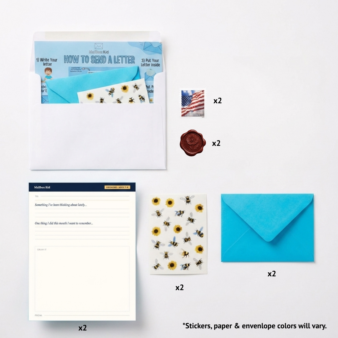 Stationery set with envelopes, paper, and stickers on a white background