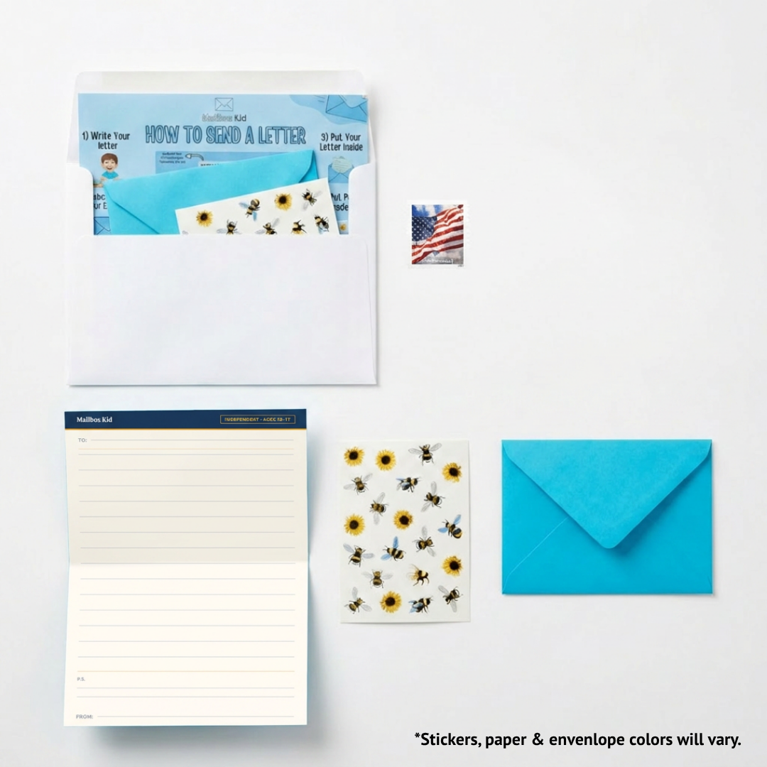 Stationery set with a letter pad, envelopes, and stickers on a white background